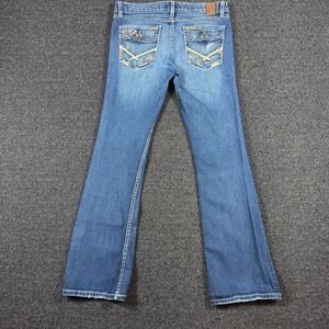 BKE Stella Flare Jeans Womens 30x31.5 Medium Wash Distressed Embroidered Grunge